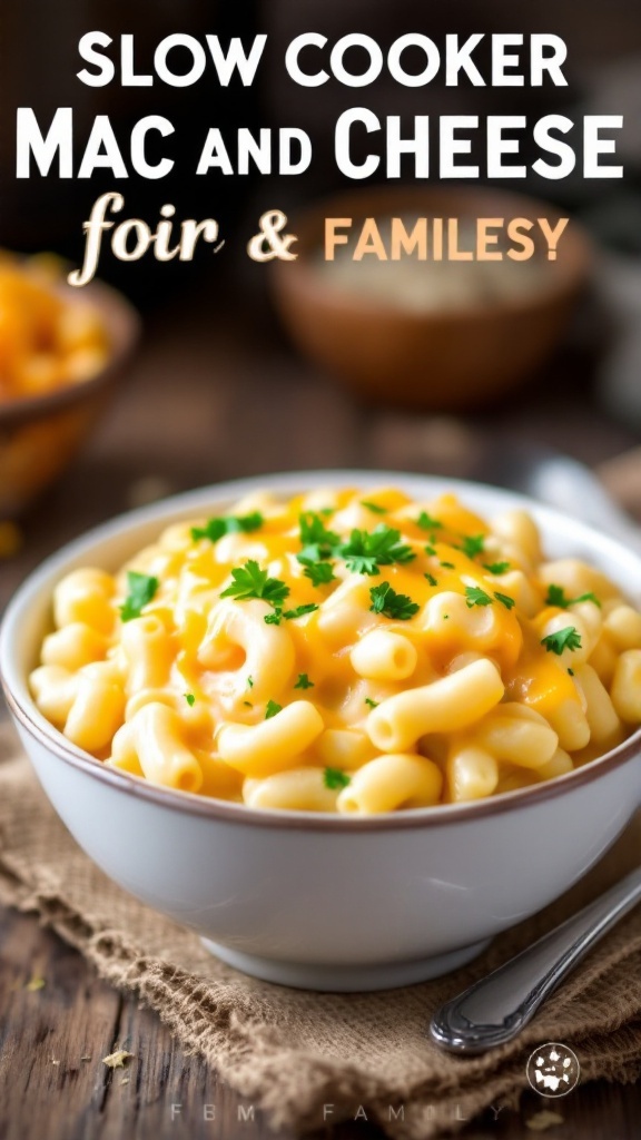 Creamy slow cooker mac and cheese served in a bowl, garnished with parsley, against a rustic wooden backdrop.